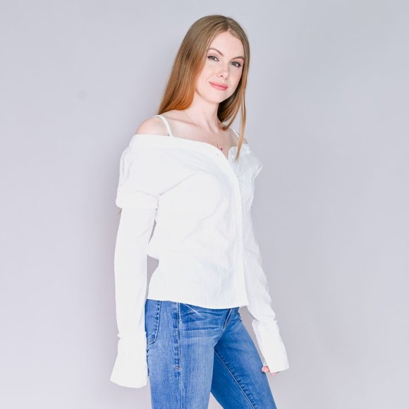 ALPHA & OMEGA White Off-Shoulder Shirt Blouse - Picture 3 of 7